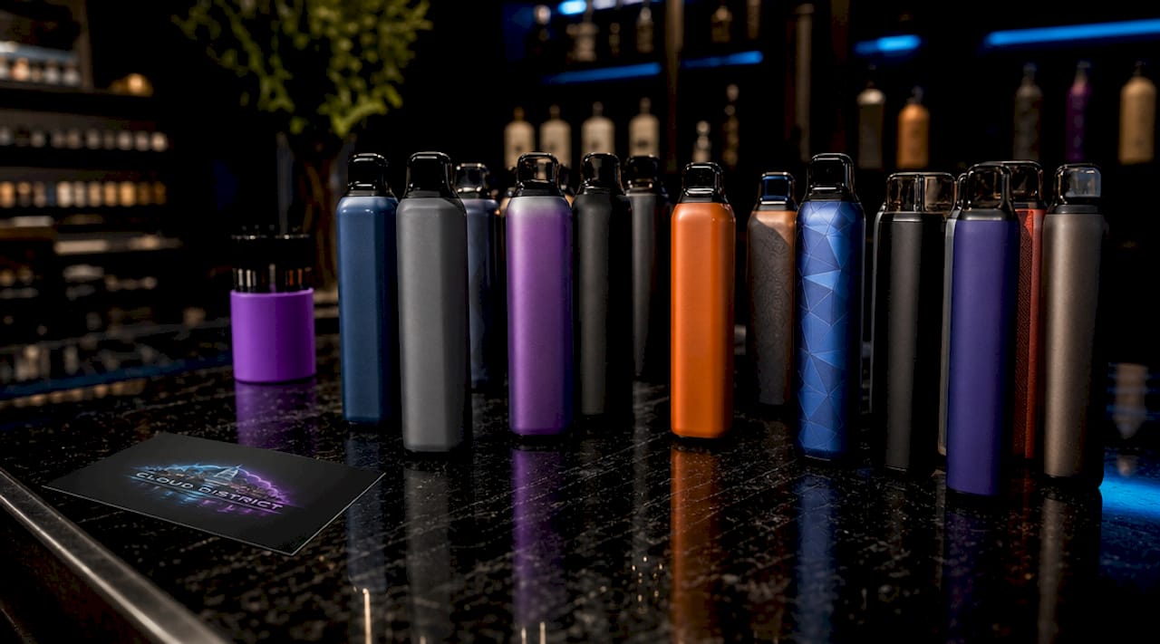 Assorted disposable vape devices on store counter