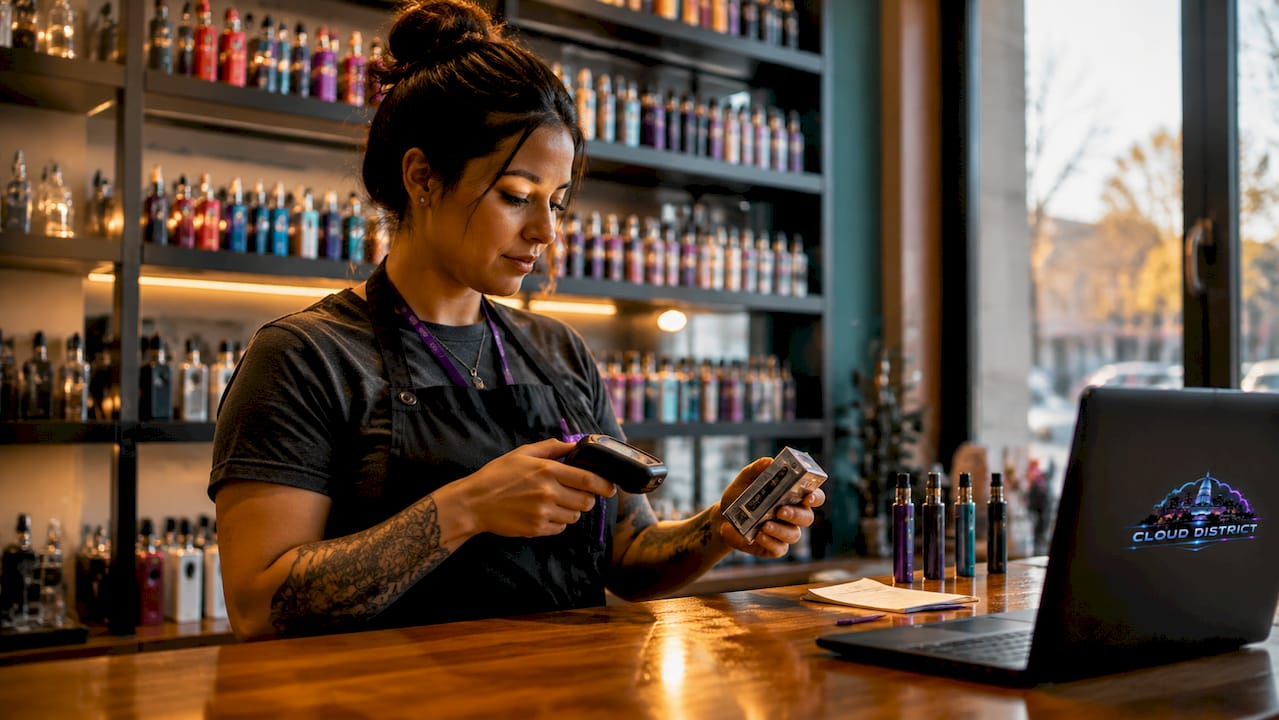 Vape store employee scanning product for compliance