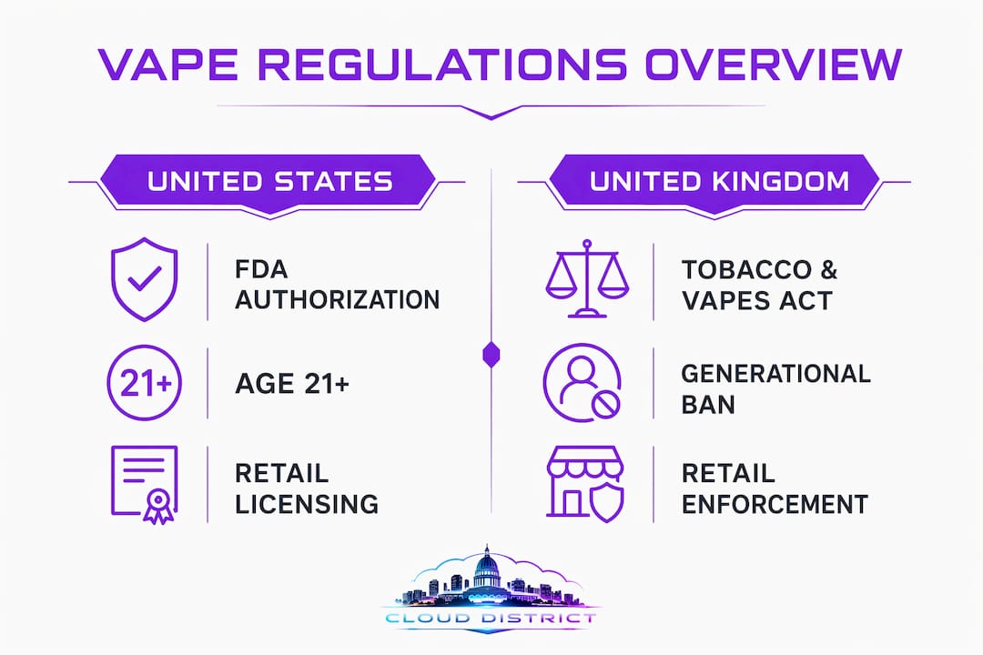 Infographic comparing US and UK vape regulations