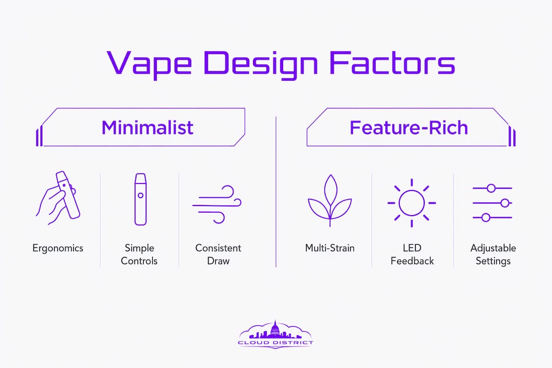 Infographic comparing minimalist and feature-rich vape design factors