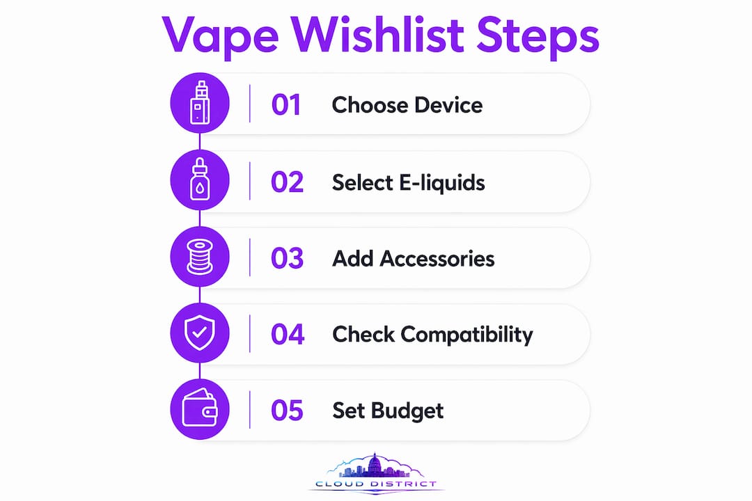 Infographic outlining vape wishlist building steps