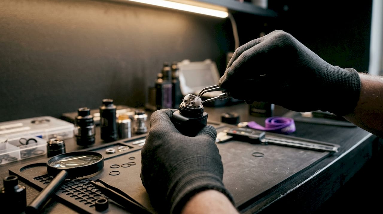 Technician assembling vape mesh coil close-up