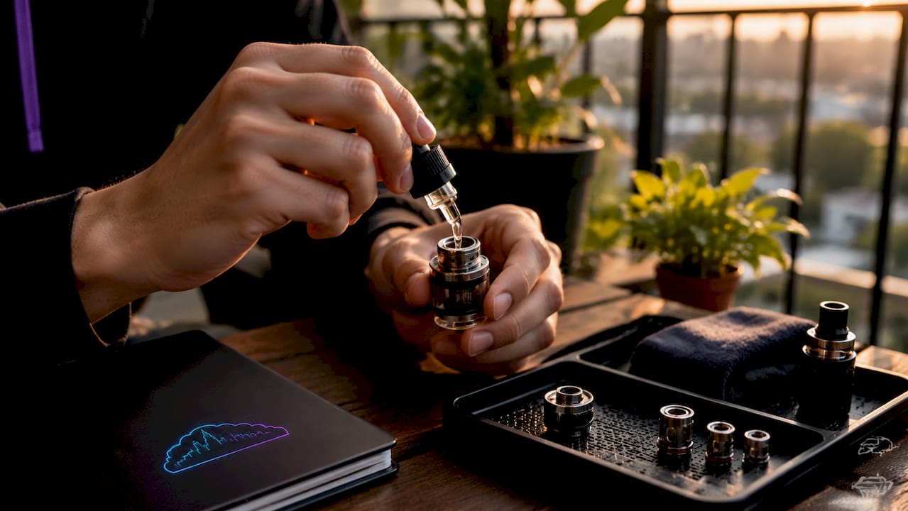 Hands filling vape tank carefully with e-liquid