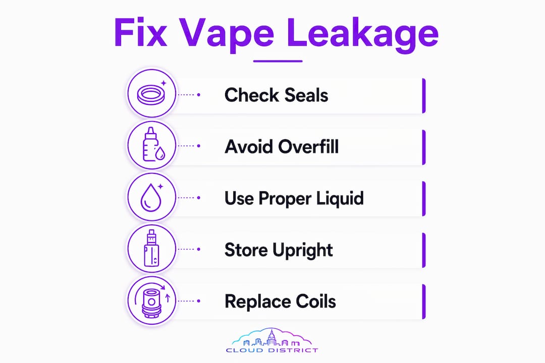 Infographic outlining vape leakage causes and fixes steps