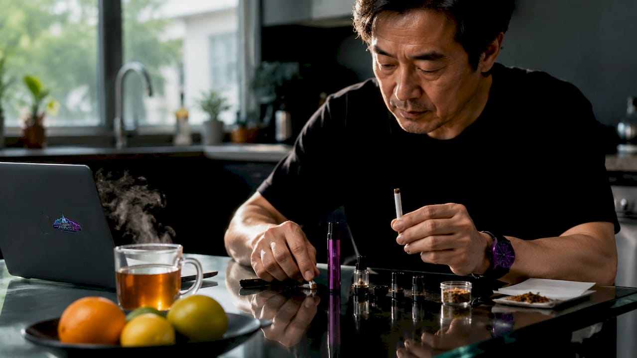 Hands comparing cigarette and vape device components
