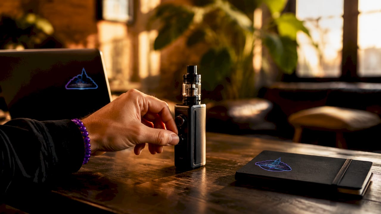 Hand adjusting vape device settings close-up