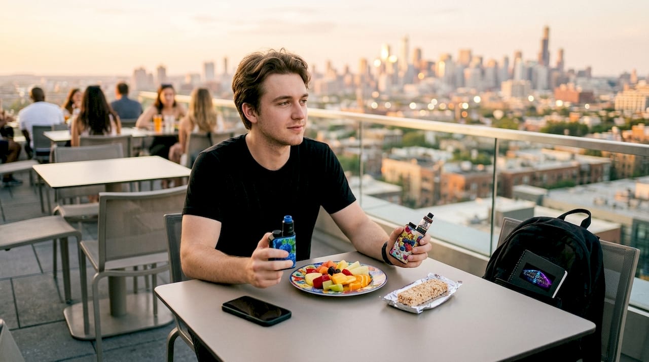 Hands holding vape devices with berry flavor props