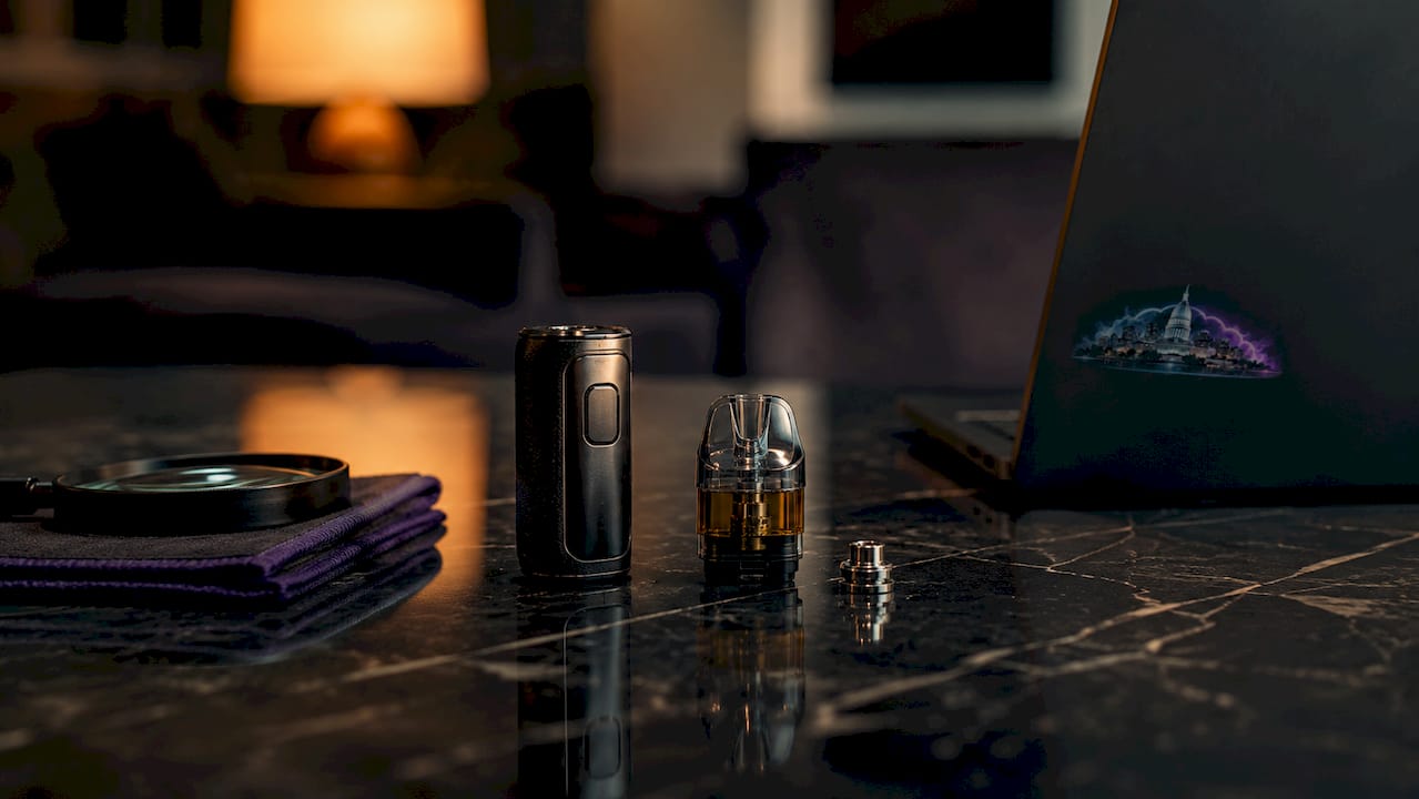 Disassembled closed system vape pod components laid out