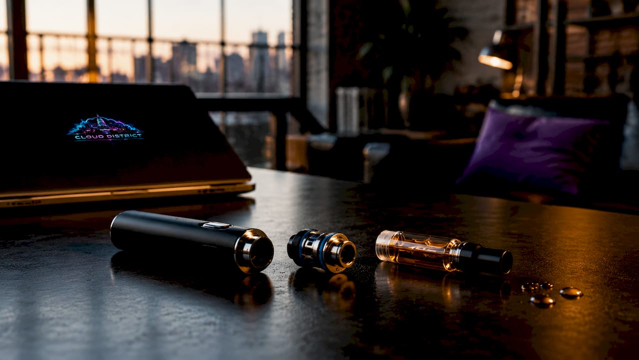 Disassembled all-in-one vape components on black surface