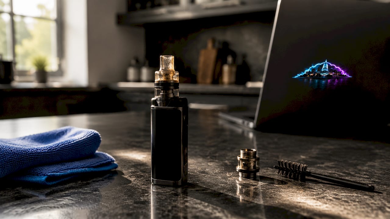 Vape device showing residue buildup on coil and mouthpiece