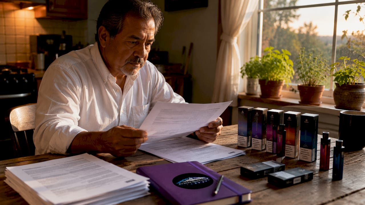 Hands checking FDA authorization documents and vape products