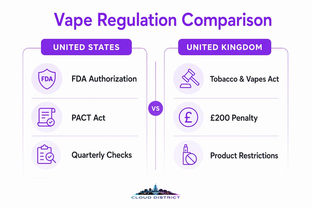Infographic comparing US and UK vape compliance regulations
