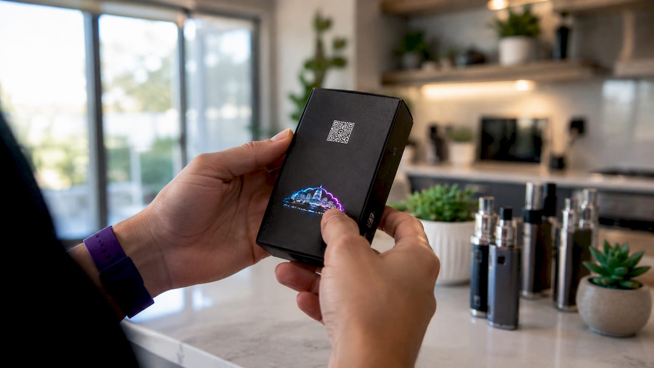 Hands examining vape product packaging details