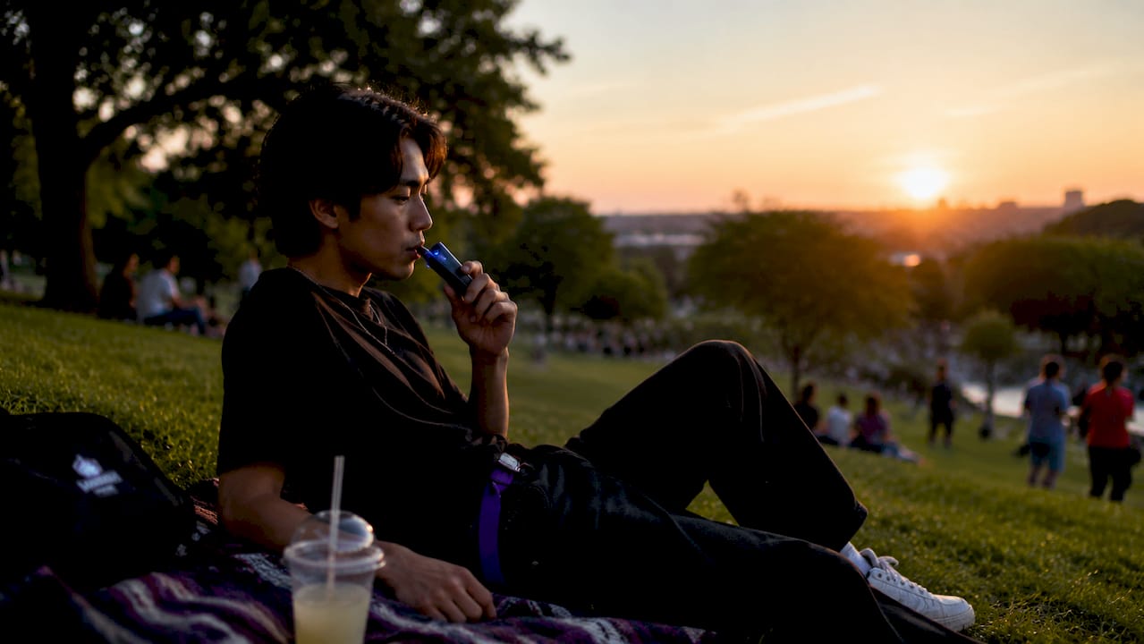 User observing blinking LED on disposable vape