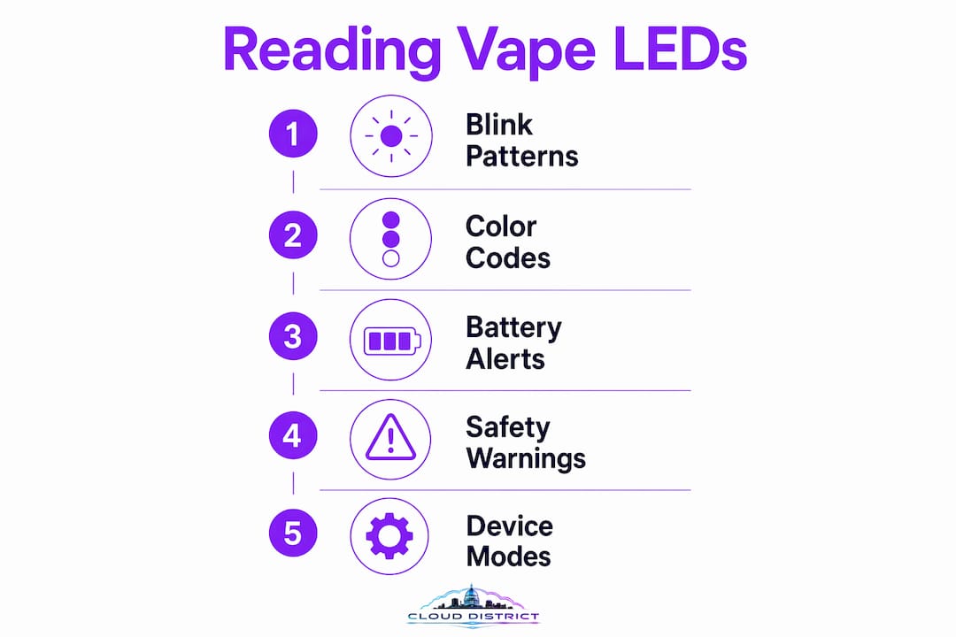 Infographic showing steps to read vape LED indicators