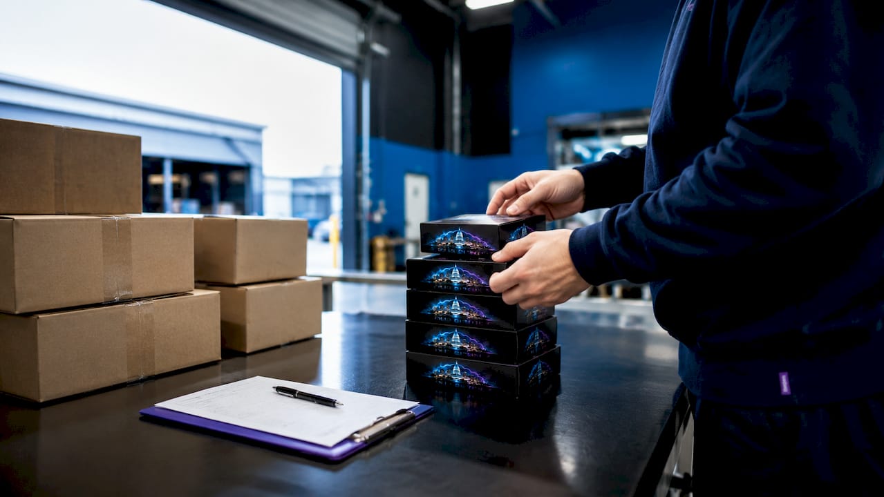 Hands counting vape product boxes at receiving dock