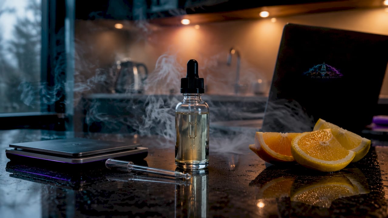 Zero nicotine vape e-liquid with visible vapor clouds