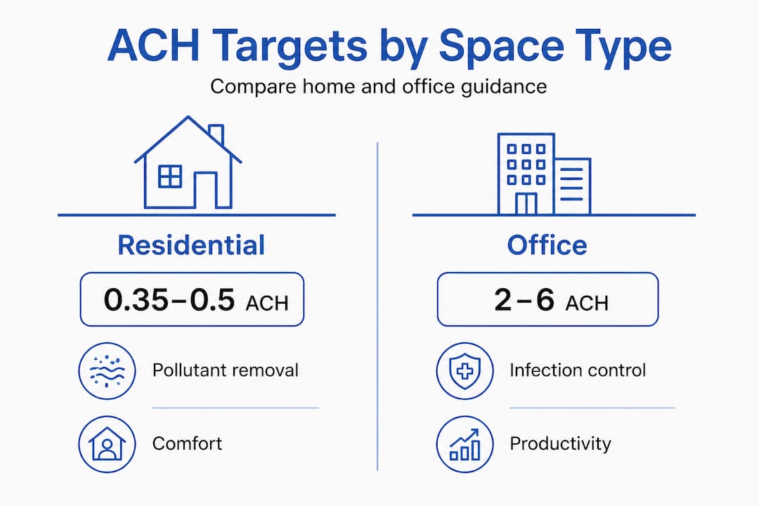 Infographic comparing ACH targets for homes and offices