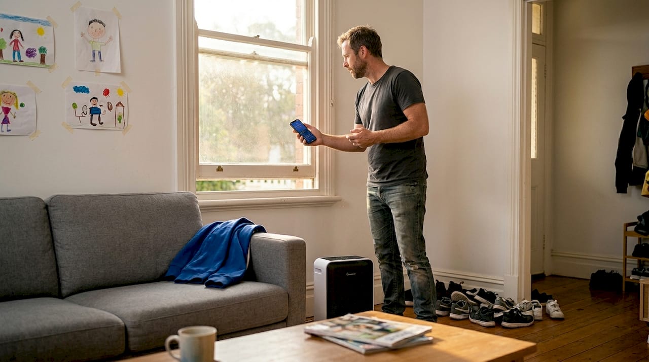 Father checks AQI app while ventilating home