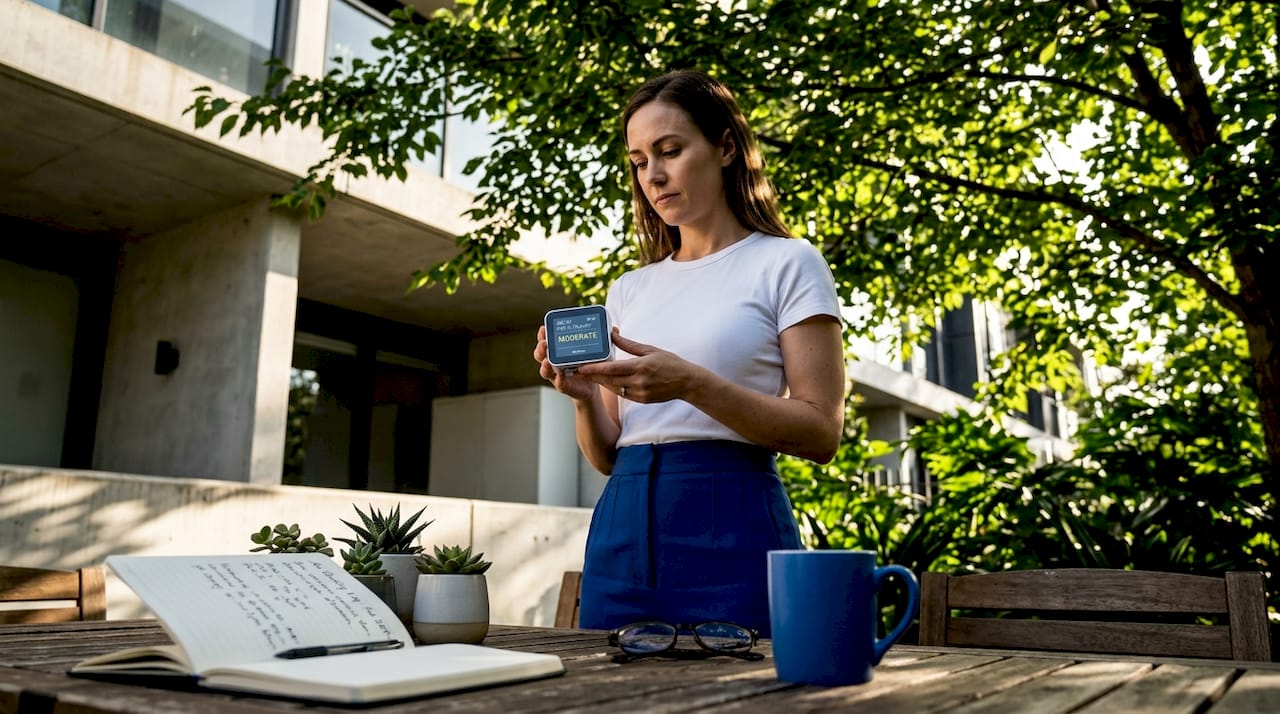 Woman monitors indoor air quality in kitchen