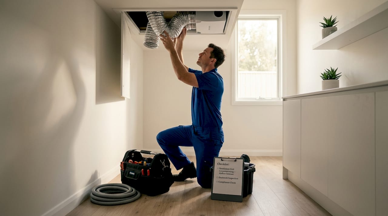 Technician installing ERV system in laundry room