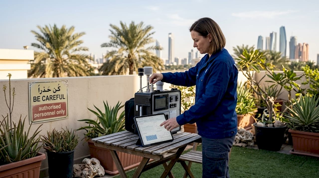 Technician measuring air quality on rooftop
