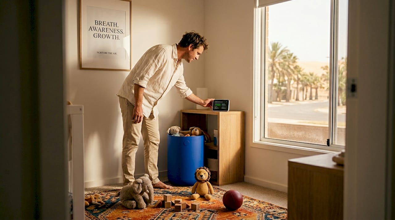 Parent checks air monitor in sunlit nursery