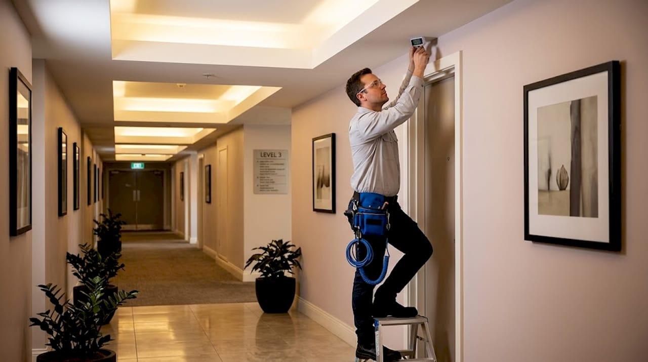 Technician installs air quality sensor in hotel corridor