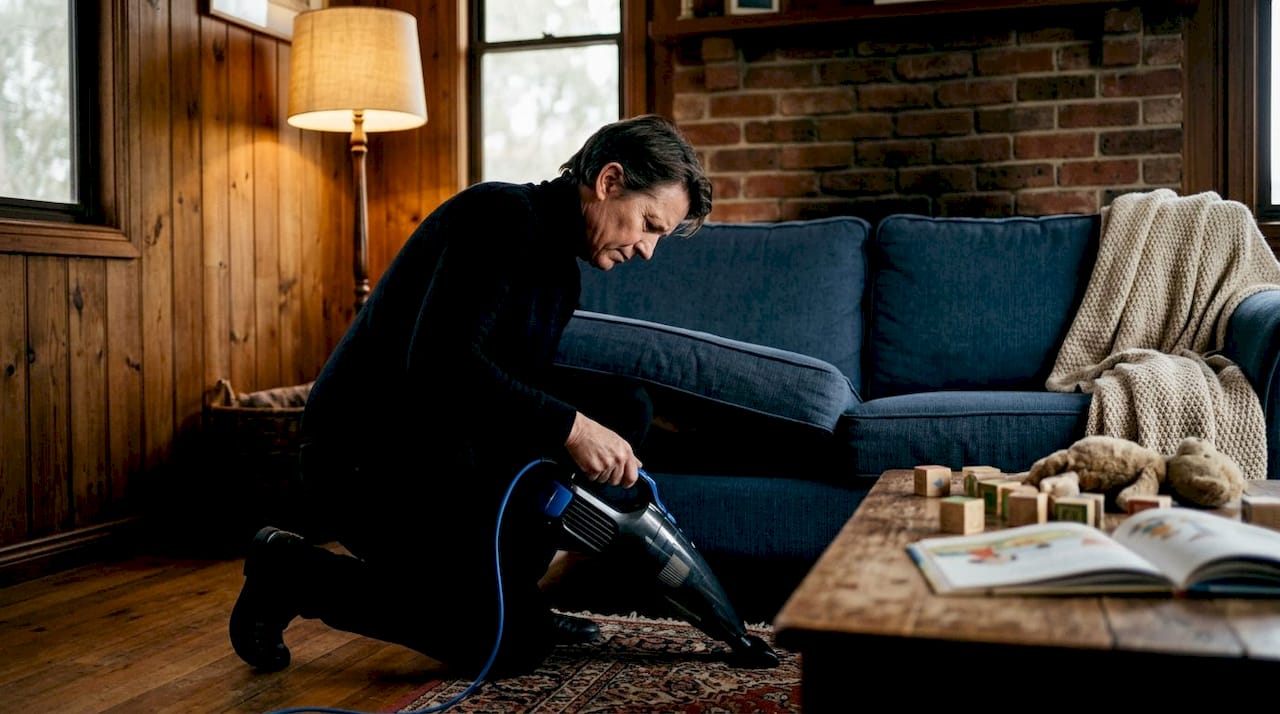 Person vacuuming under a fabric couch cushion