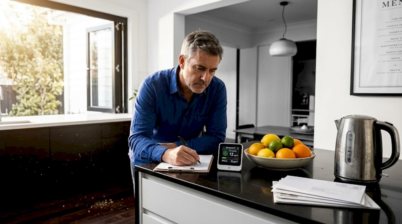 Man monitors kitchen air quality readings