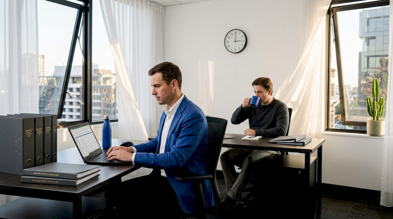 Open windows create cross-ventilation in office