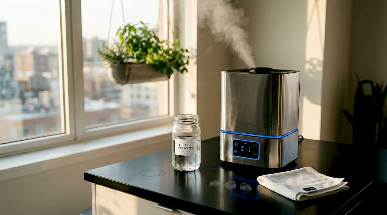 Warm mist humidifier in everyday kitchen