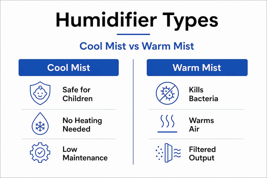 Infographic comparing cool and warm mist humidifiers