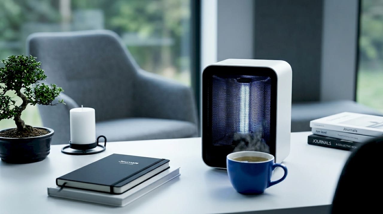 UV-C air purifier operating in a living room