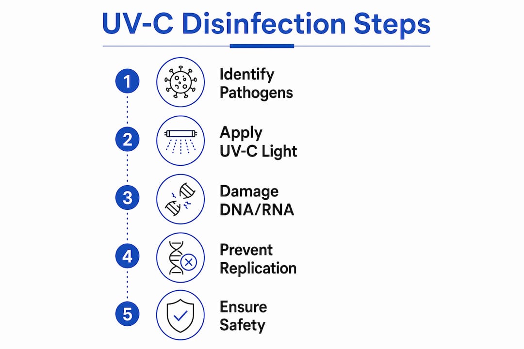 Infographic illustrating UV-C disinfection process steps