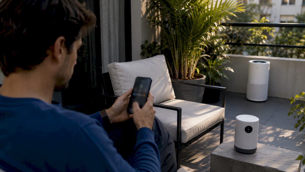 Hands controlling home automation app near air monitor