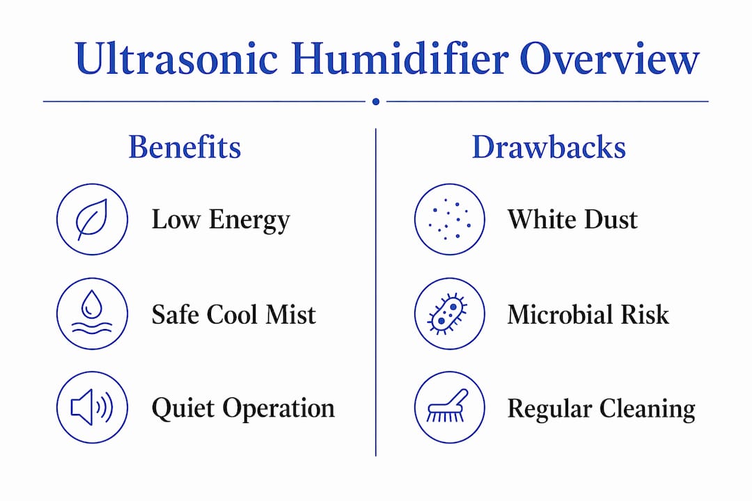 Infographic comparing benefits and drawbacks of ultrasonic humidifiers