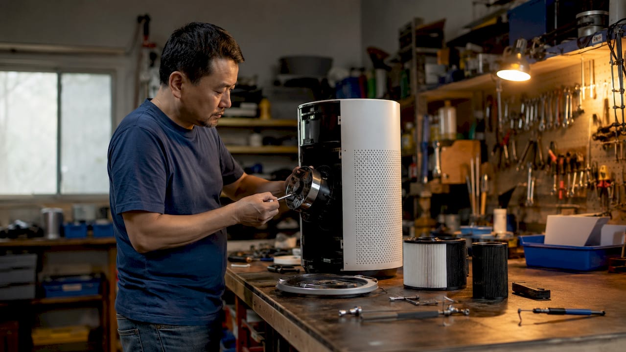 Technician servicing DC motor in air purifier unit