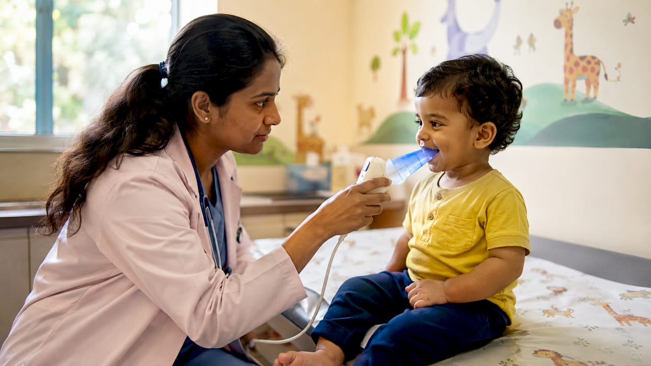 Doctor testing toddler lung function with spirometer