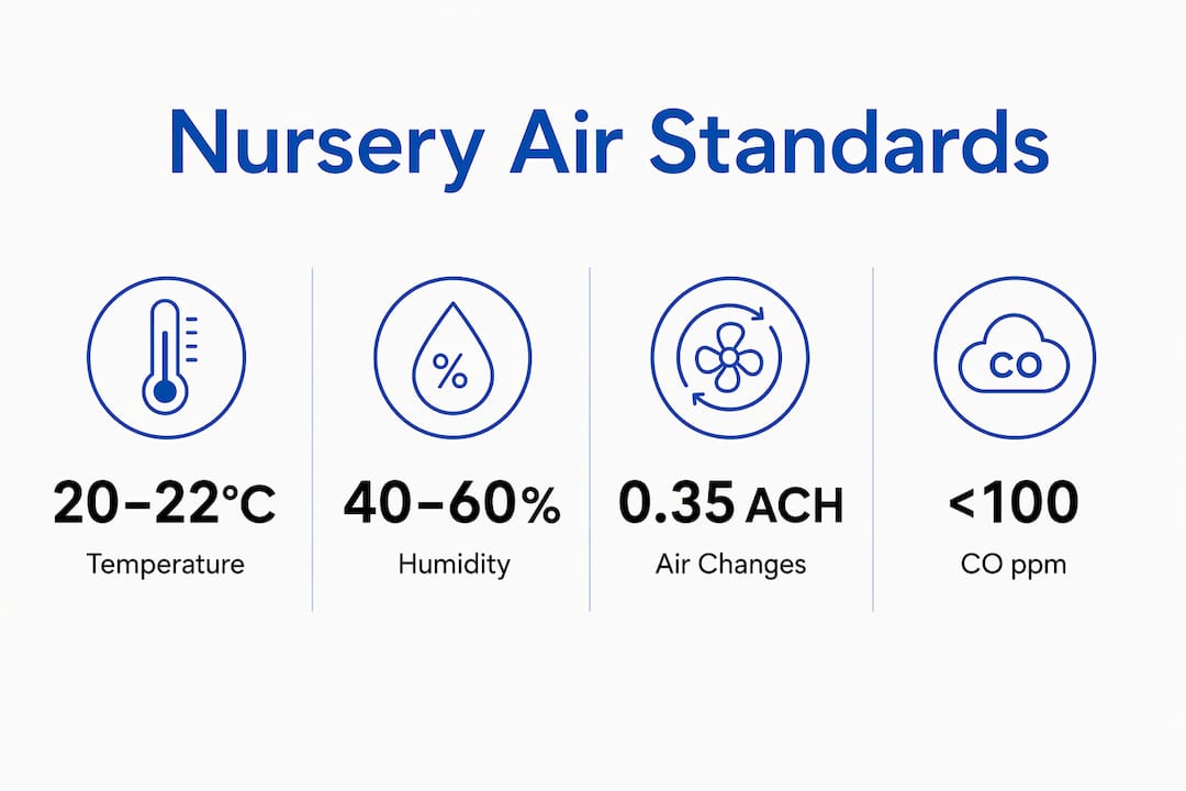 Infographic with nursery temperature, humidity, air change rates, and CO limits