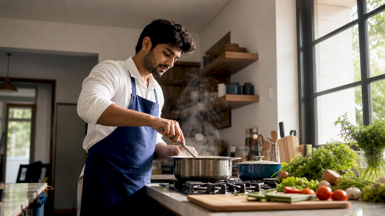 Person cooking on gas stove with air sensor