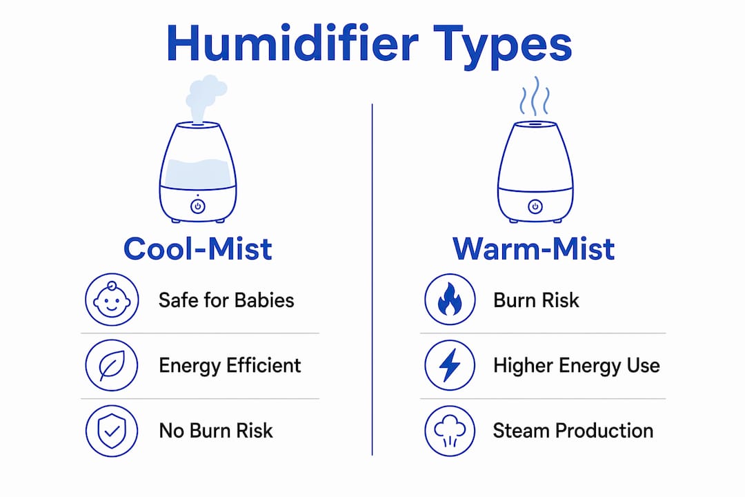 Infographic comparing cool-mist and warm-mist humidifiers