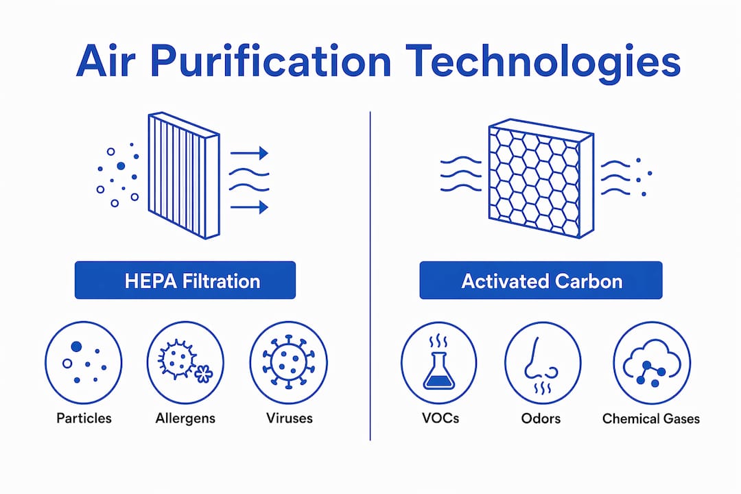Infographic comparing HEPA and activated carbon filters