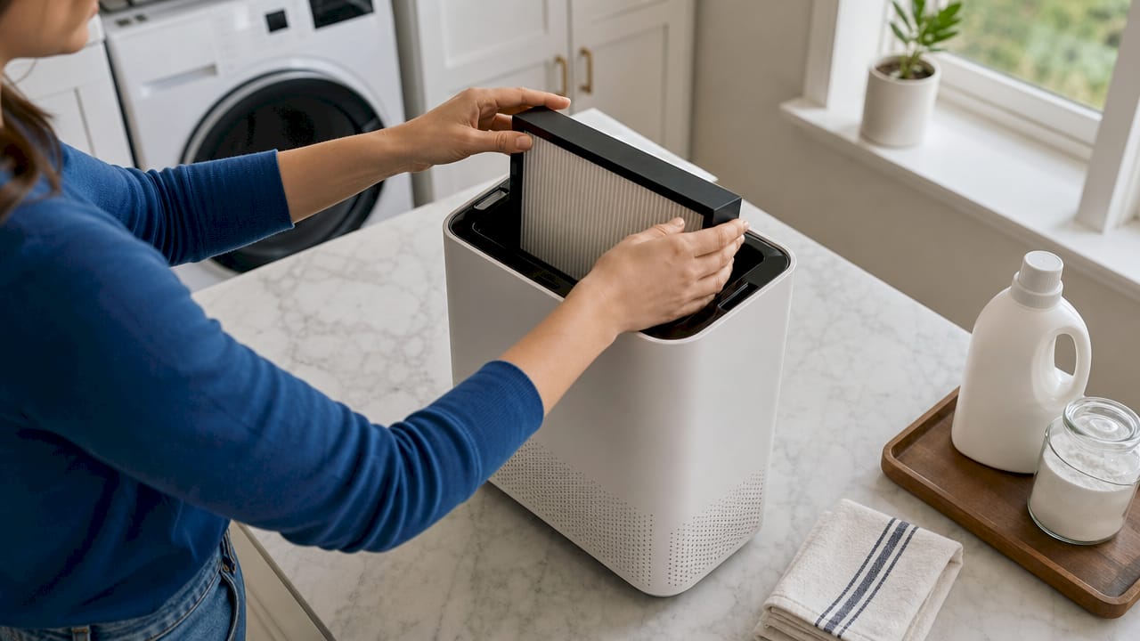 Hands changing air purifier HEPA filter