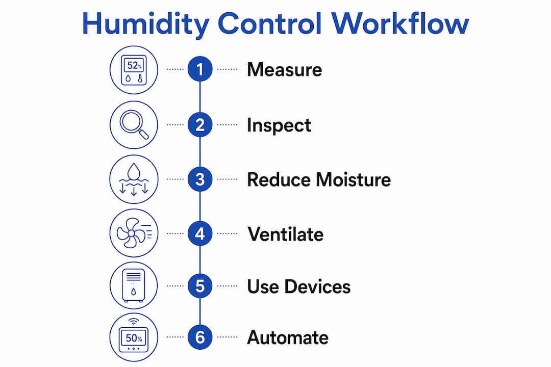 Infographic illustrating step-by-step humidity control workflow
