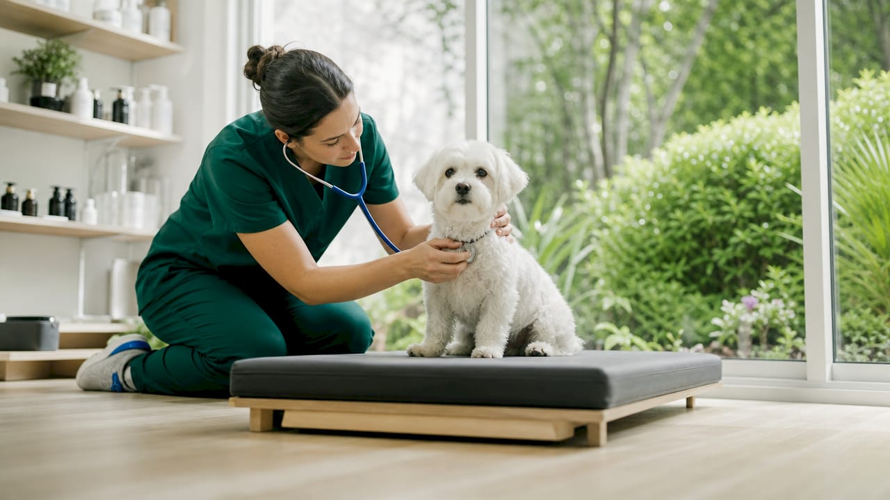 Vet checking small dog’s respiratory health