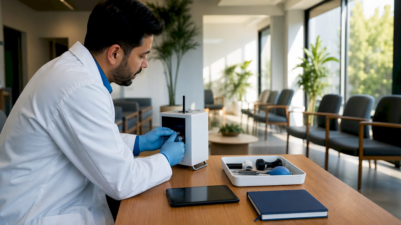 Hands calibrating air quality monitor in clinic