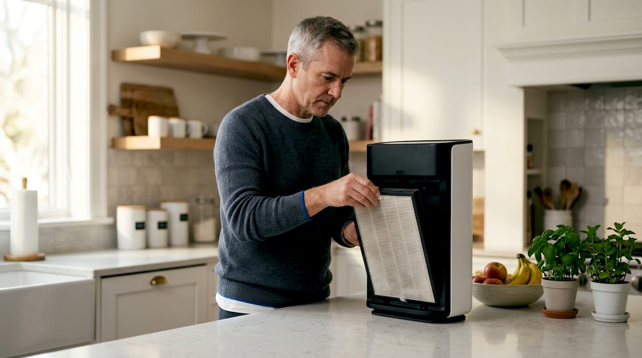 Hands replacing HEPA filter in air purifier
