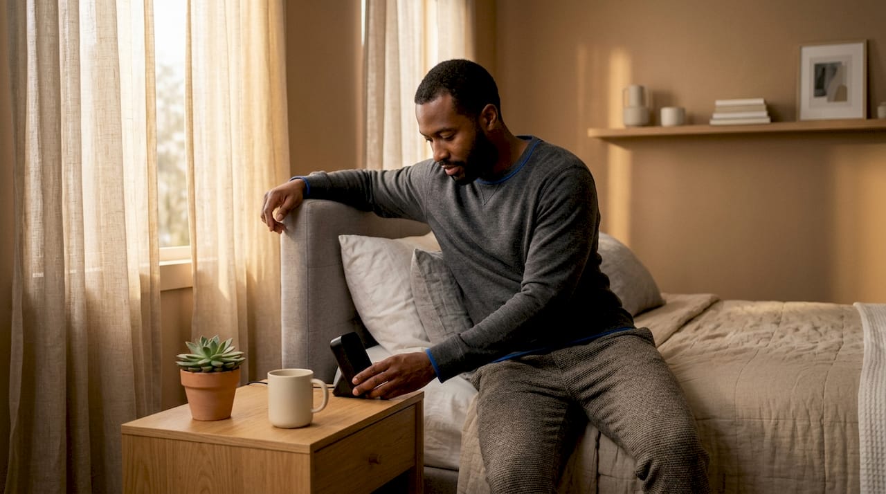Man adjusting smart air monitor on bedside table