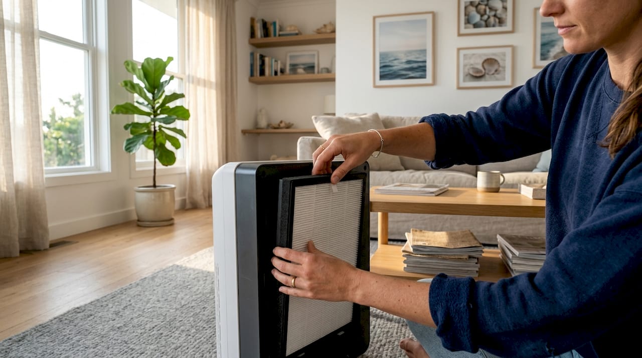 Hands installing True HEPA filter at home